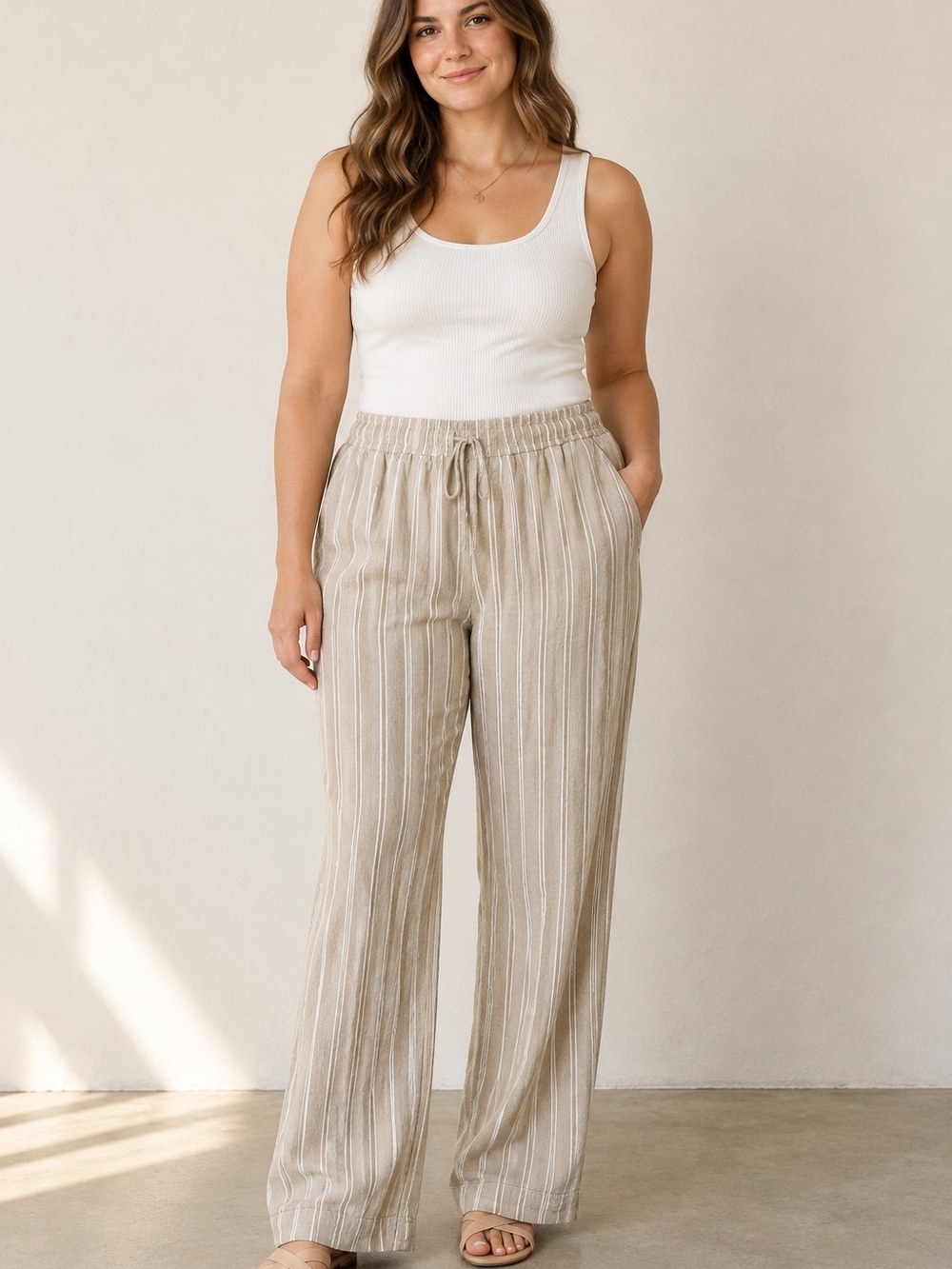 Striped Linen Blend Wide Leg Drawstring Pants Beige Large